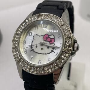 Vintage Hello Kitty Womens Black Rubber Coated Worn Watch Works New Battery